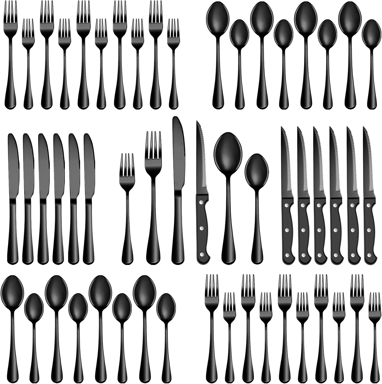 Home Cooking Utensil Set - 24/48 Pcs Black Silverware Set with