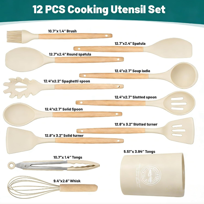 Wooden Handle Silicone Kitchen - Home Cooking Utensil Set review and price